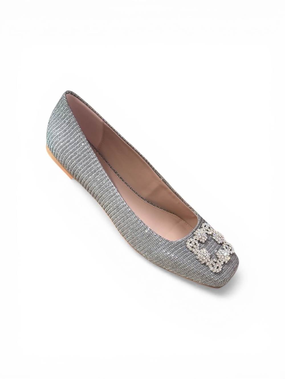 Neiman Marcus Silver Crystal-Embellished Square-Toe Flats
